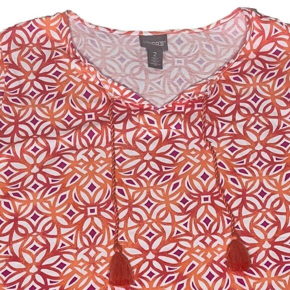 Chicos 2 Tunic Top Shirt Stretch Size L Pullover Orange‎ White Cotton Blend - Picture 2 of 7
